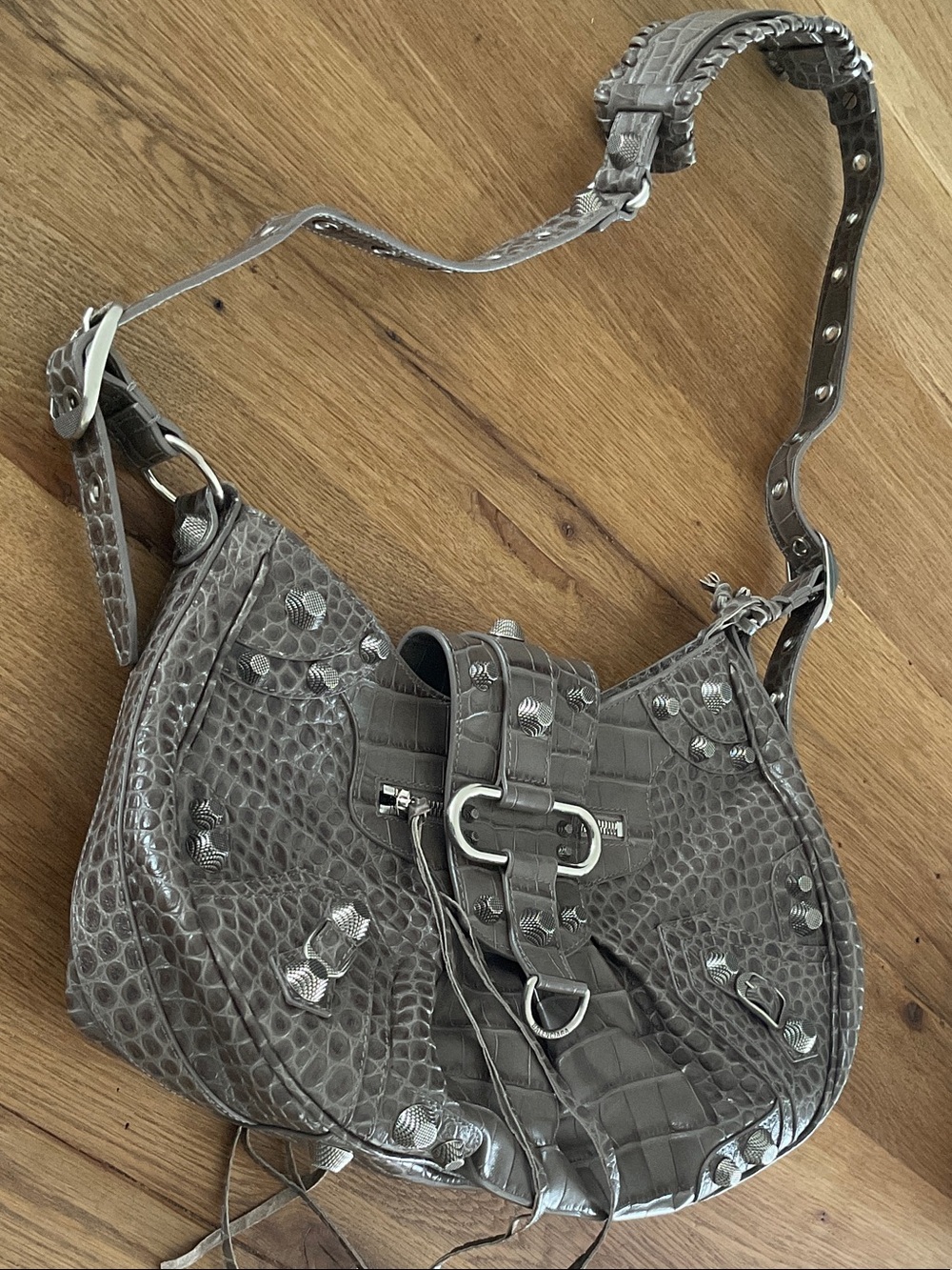 Gray Croc-Embossed Shoulder Bag with Silver Accents